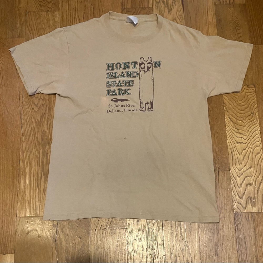 Hontoon Island State Park T-Shirt Men's L Large Tan 100% Cotton Owl DeLand FL